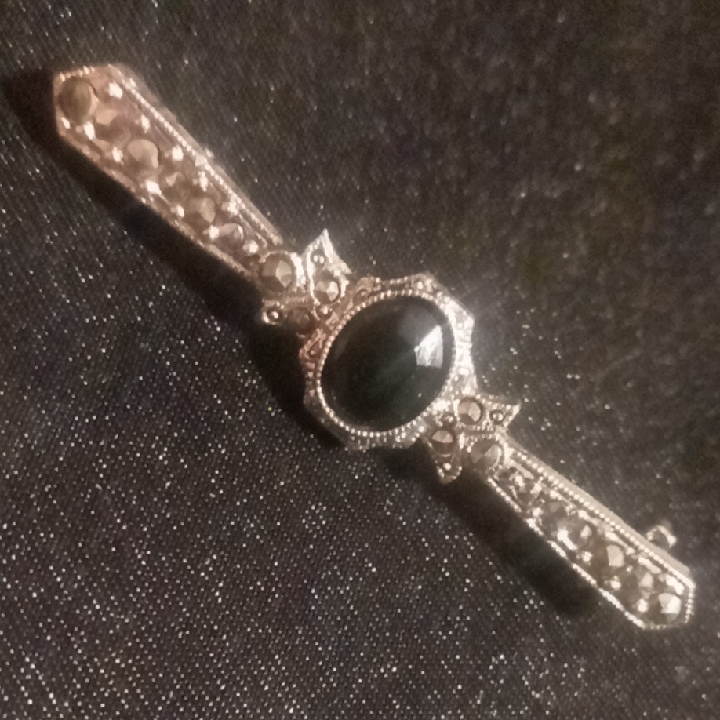 1928 Silver Marcasite And Black Crystal Cut Gem Brooch / Lapel Pin